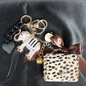 Designer-Style Purse Charm with Rhinestone Elephant & Mini Leopard Purse